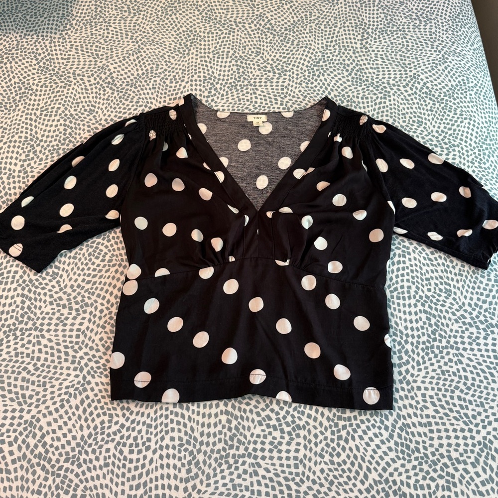 Anthropologie | Black and White Polka Dot Smocked Waist Blouse - Picture 6 of 11